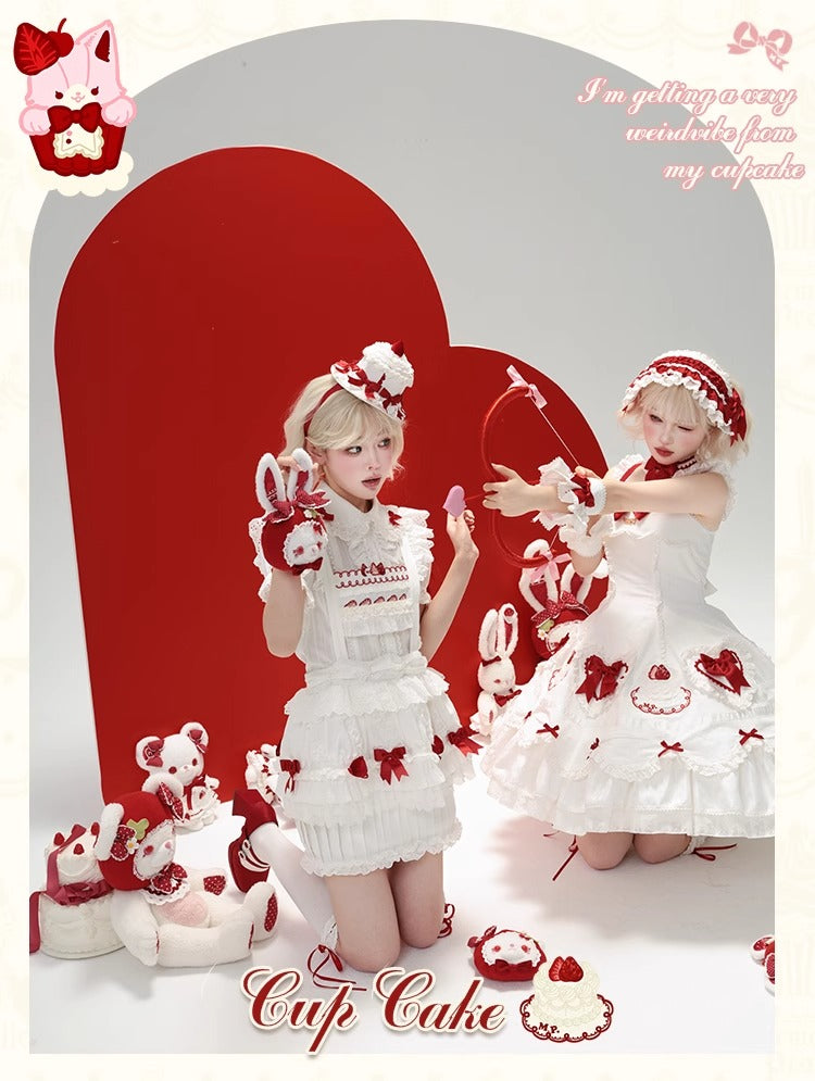 【受注予約~7/3】CupCakes ワンピース・ジャンパースカート・スカート(ホワイト×レッド)【花与珍珠匣】