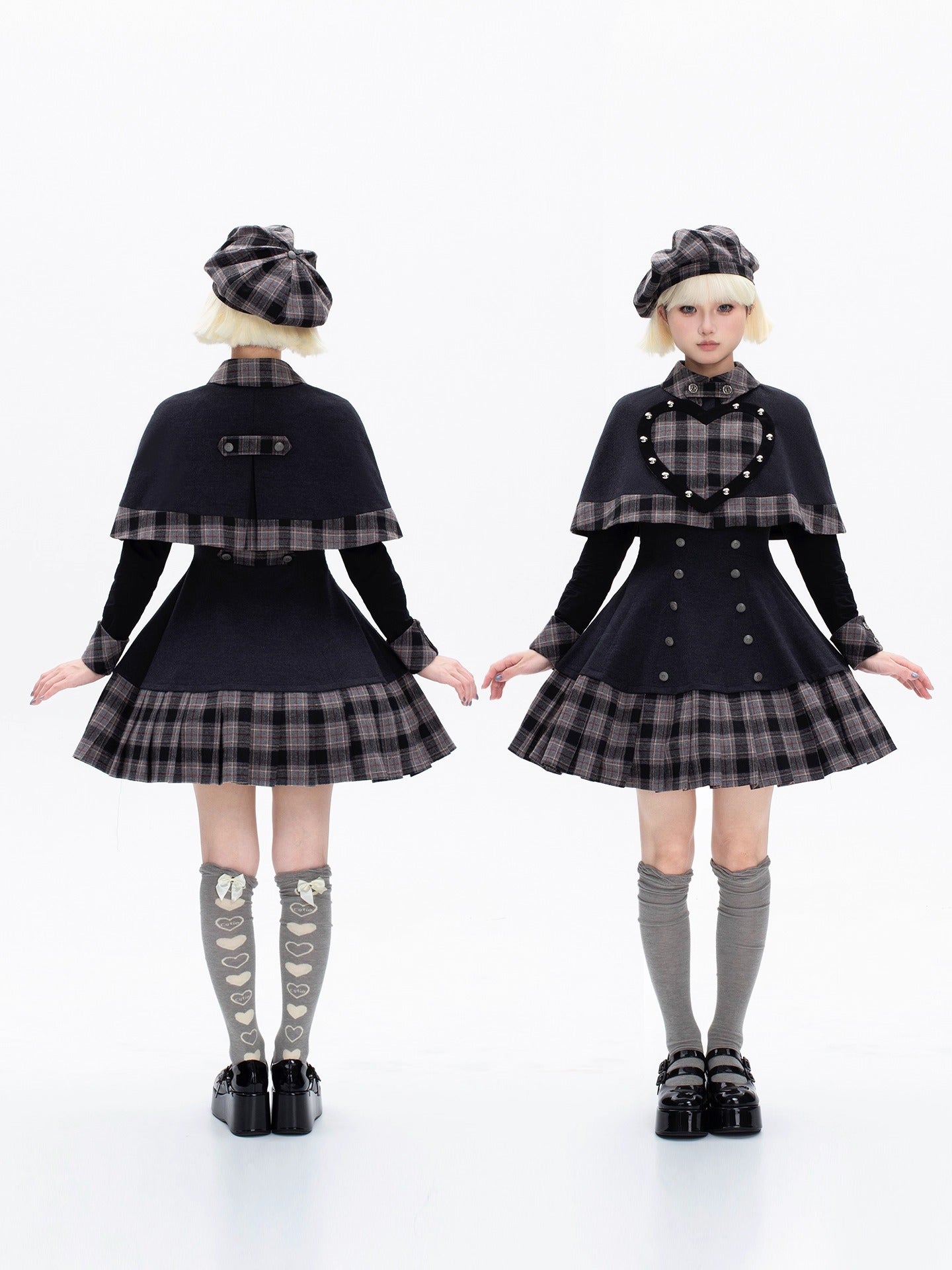 【受注予約~10/8】ハートチェック ジャンパースカート・ケープ・ブラウスセット【甜蜜梦境】