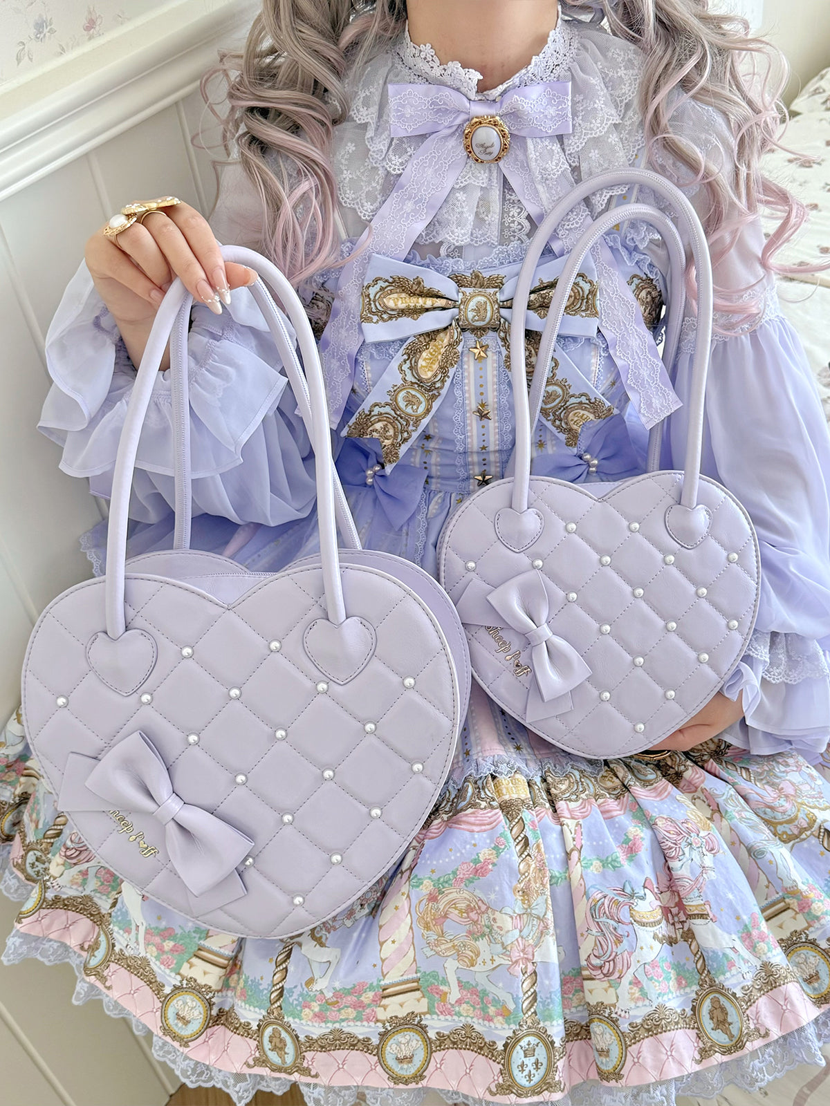 ピンクの花と鳥のハート型小物入れ キルティングハートバッグ【Sheep Puff】 – Epetice