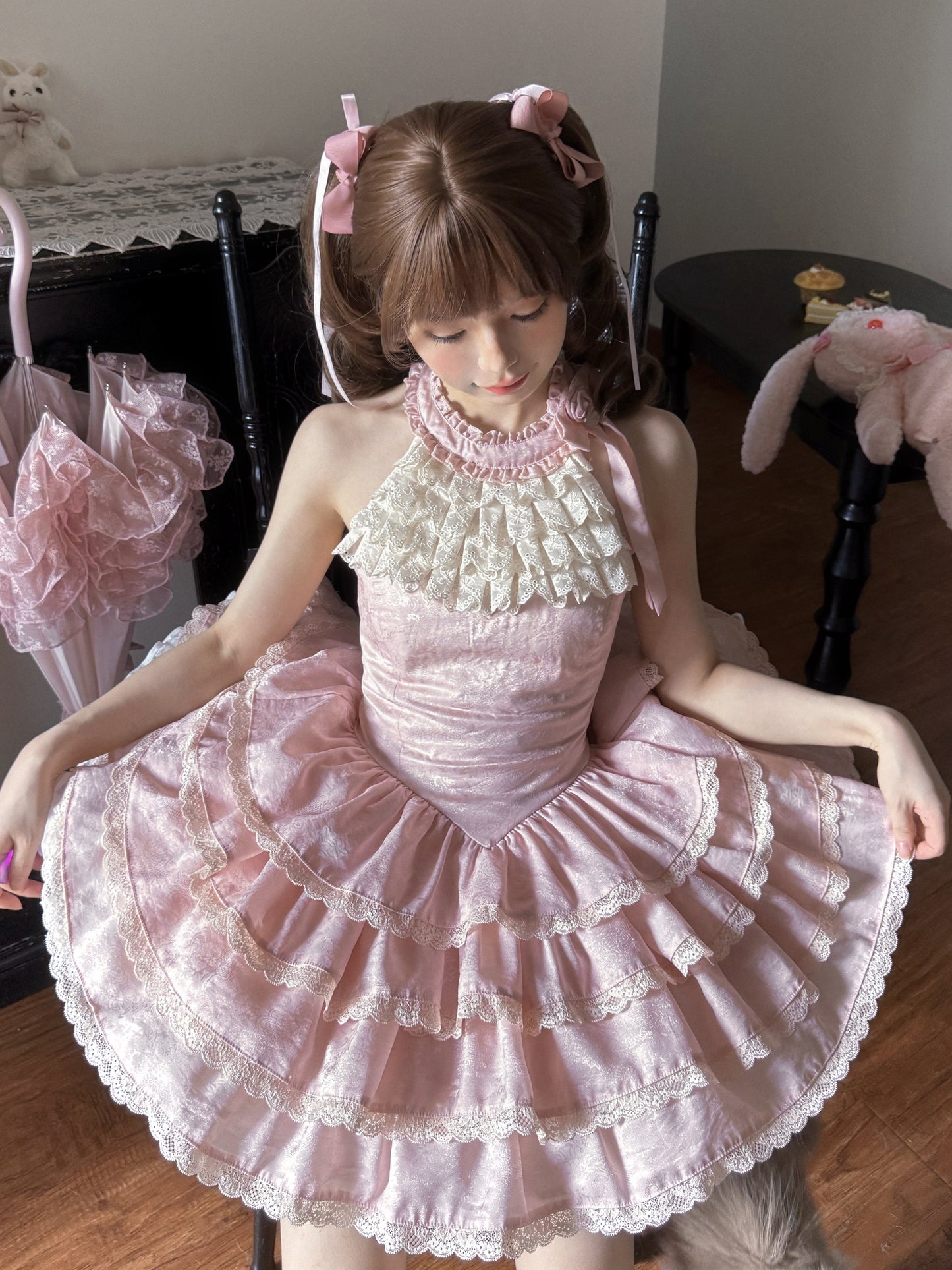 Rose Pink ホルターネックワンピース【GardeniaFille】