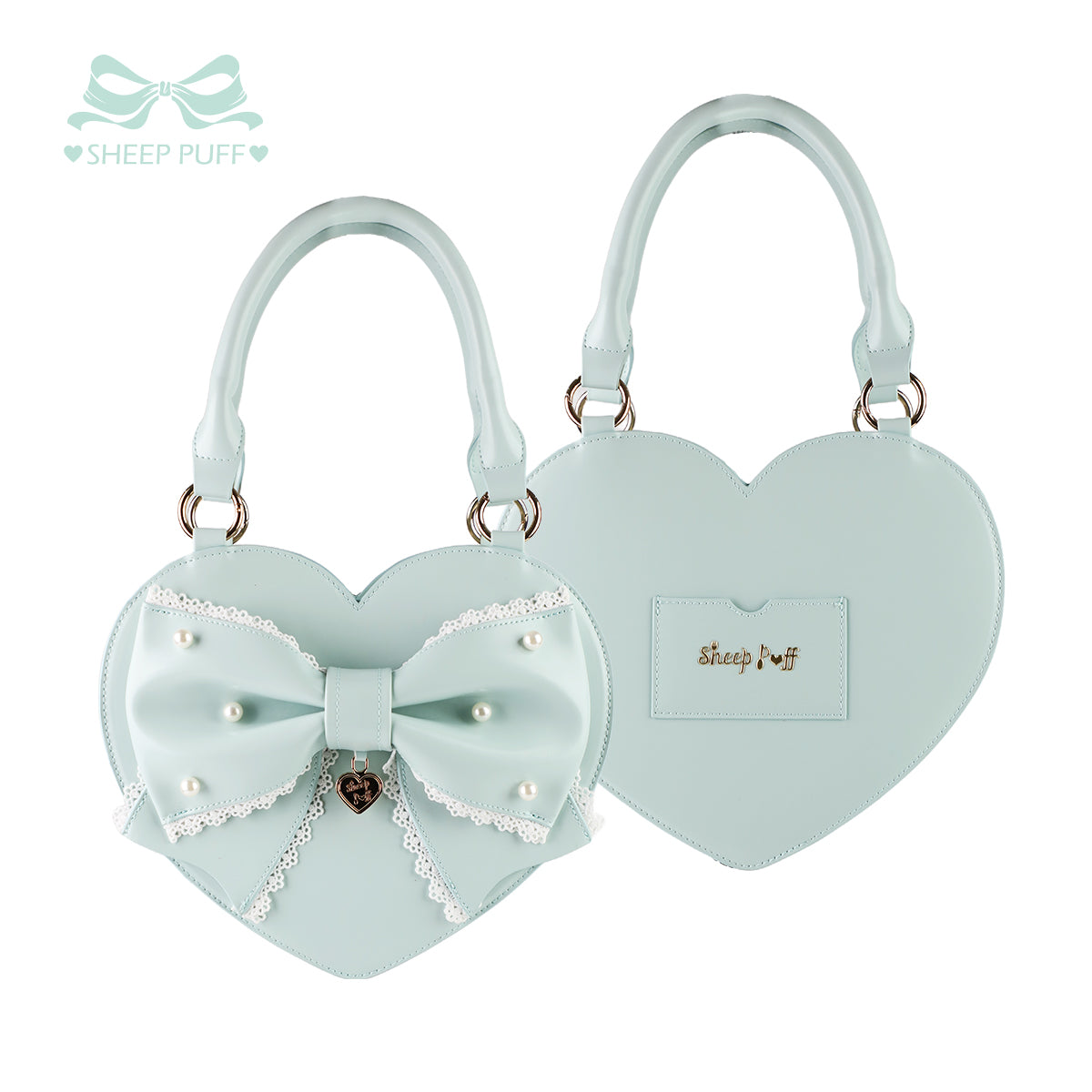【受注予約~1/4】リボンハート ハンドバッグ(サックス・ミント・ブラウン)【Sheep Puff】