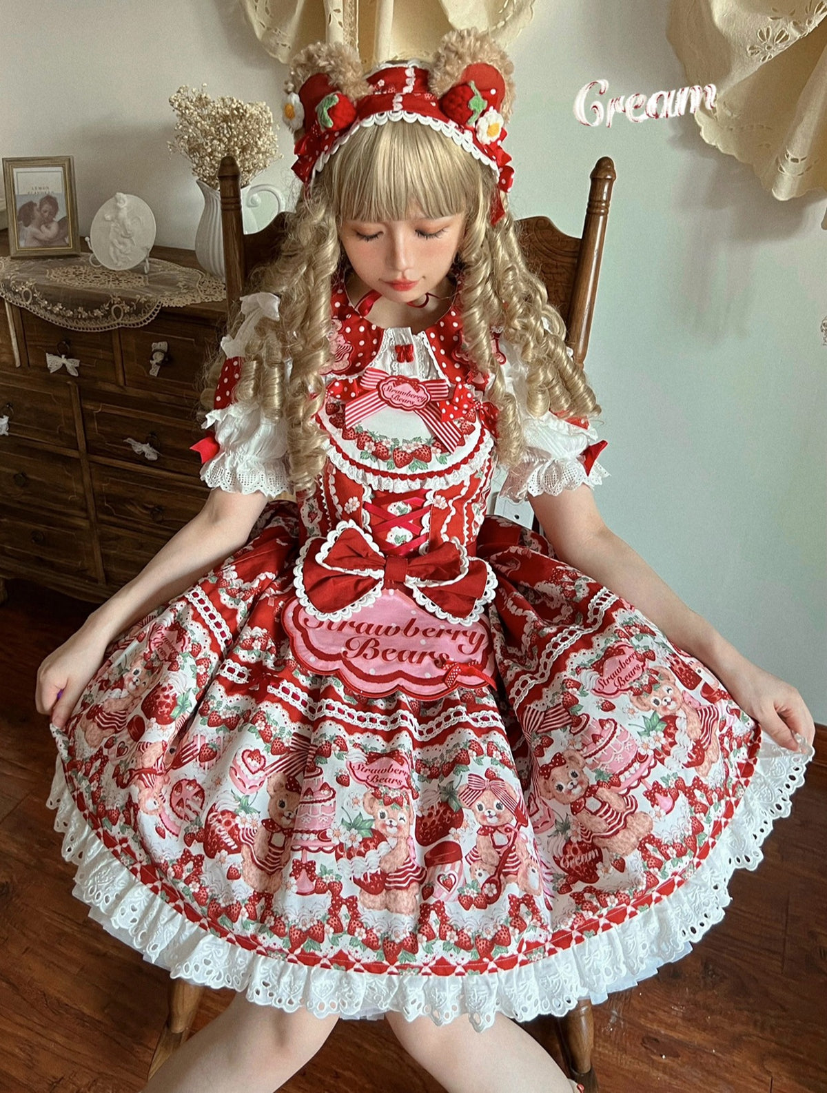 Bear Strawberry Garden ワンピース・ジャンパースカートセット(レッド 