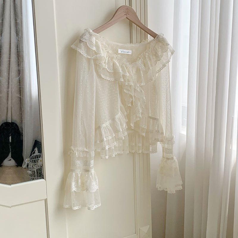 Tüll-Cardigan mit Blumengesicht und Punkten [mit Pujji]