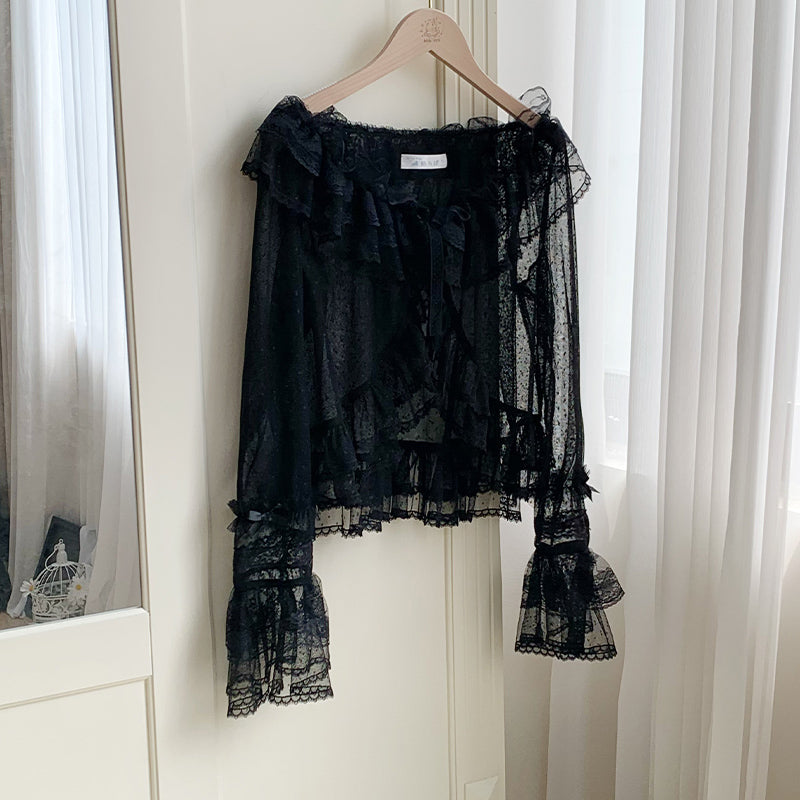 Tüll-Cardigan mit Blumengesicht und Punkten [mit Pujji]