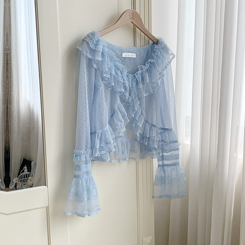 Tüll-Cardigan mit Blumengesicht und Punkten [mit Pujji]