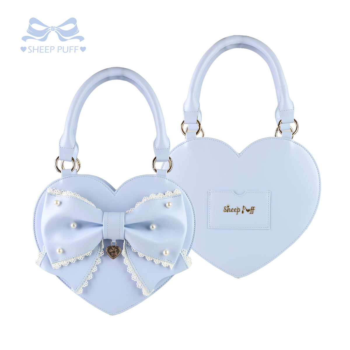 【受注予約~1/4】リボンハート ハンドバッグ(サックス・ミント・ブラウン)【Sheep Puff】