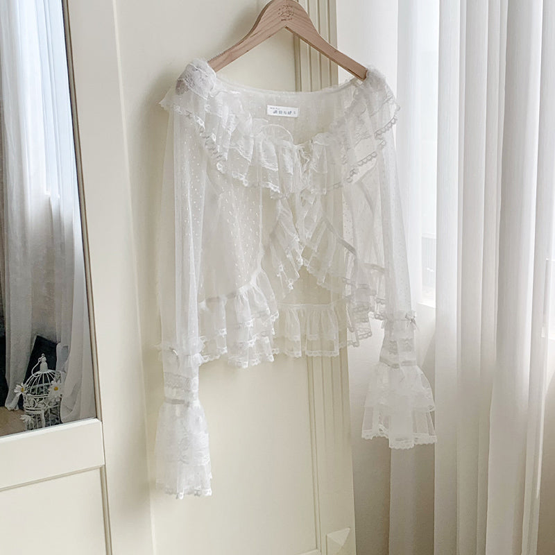 Tüll-Cardigan mit Blumengesicht und Punkten [mit Pujji]