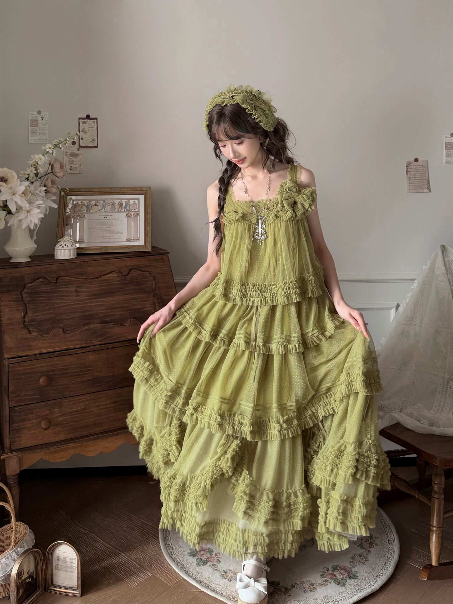 【受注予約~4/16】ドットチュールティアードジャンパースカート（115cm）【暖屿洋装】