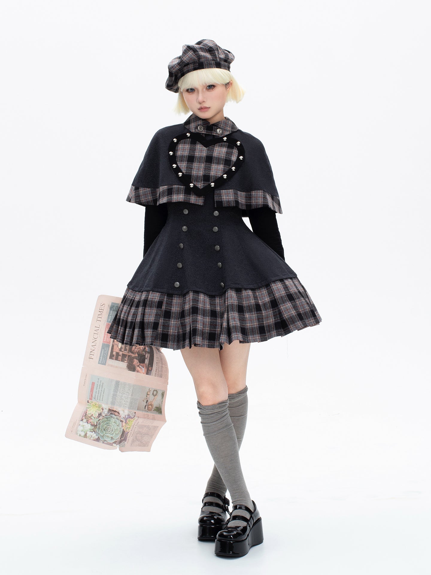 【受注予約~10/8】ハートチェック ジャンパースカート・ケープ・ブラウスセット【甜蜜梦境】