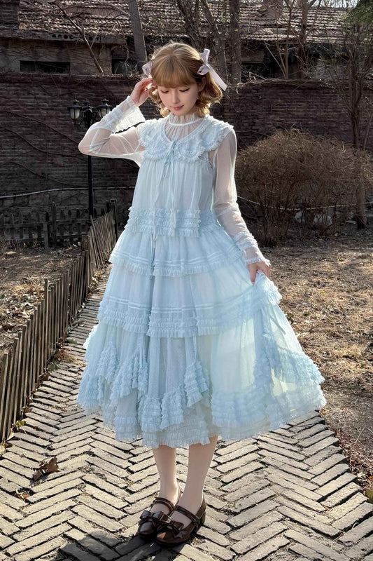 【受注予約~4/16】ドットチュールティアードジャンパースカート（つけ襟）【暖屿洋装】