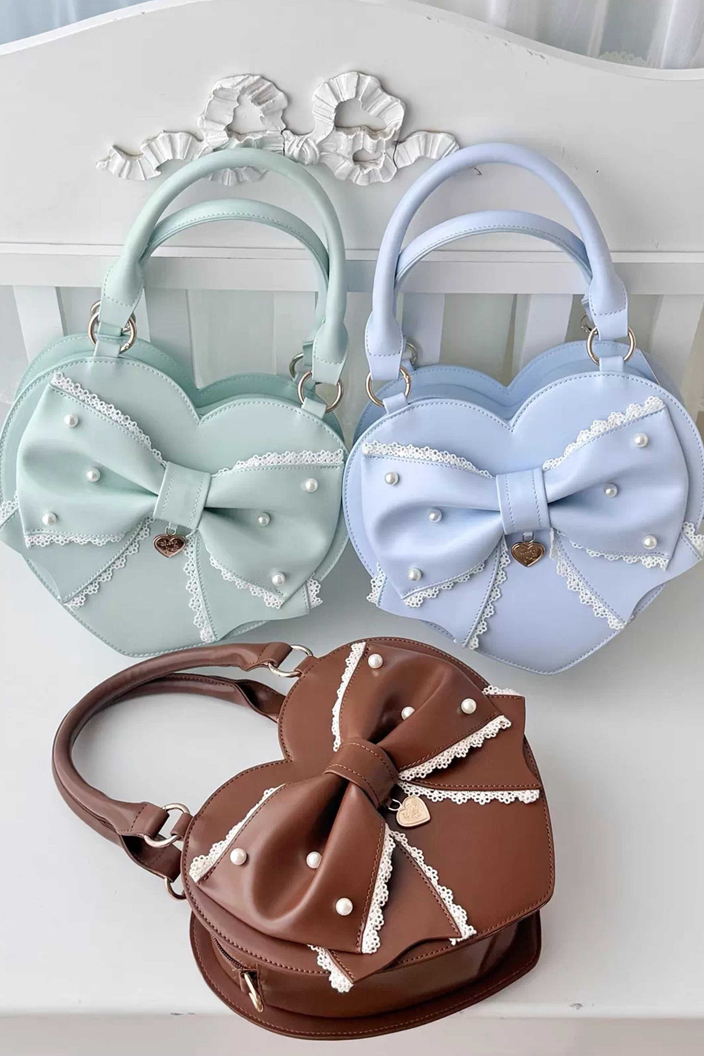 【受注予約~1/4】リボンハート ハンドバッグ(サックス・ミント・ブラウン)【Sheep Puff】