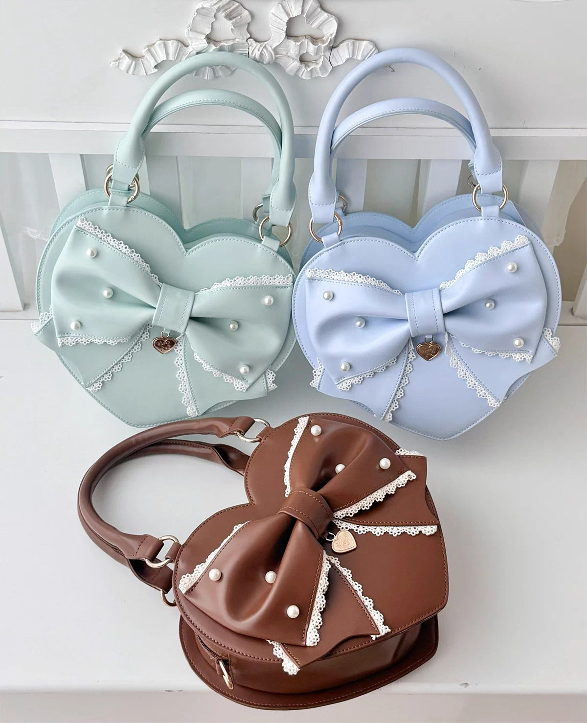 リボンハートバッグ　サックス リボンハート ハンドバッグ(サックス・ミント・ブラウン)【Sheep Puff