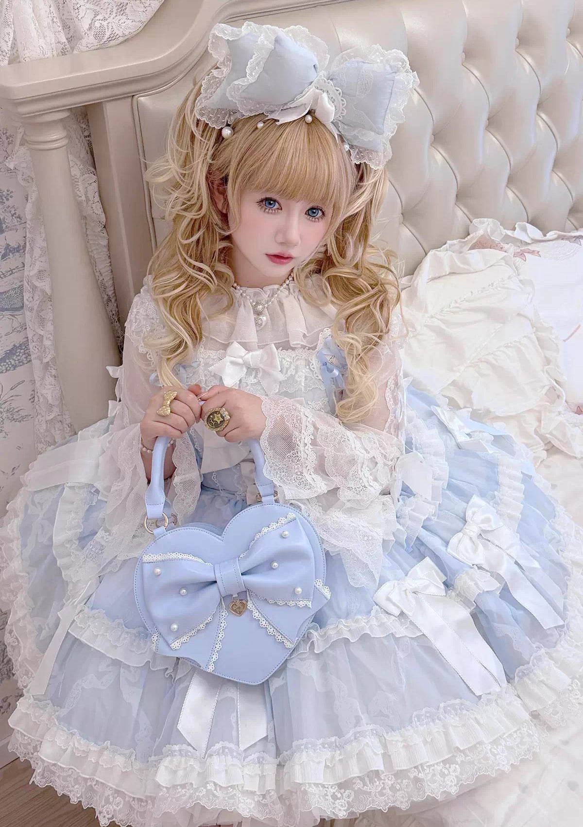 【受注予約~1/4】リボンハート ハンドバッグ(サックス・ミント・ブラウン)【Sheep Puff】