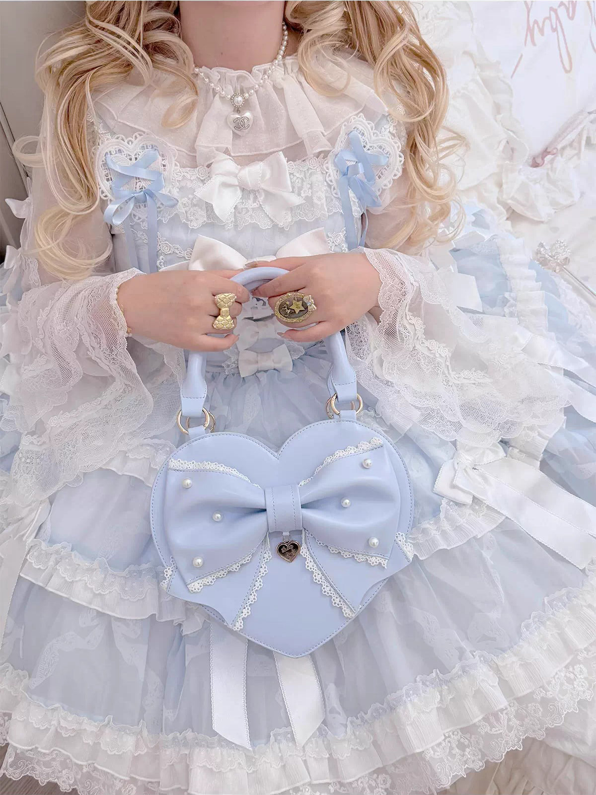 【受注予約~1/4】リボンハート ハンドバッグ(サックス・ミント・ブラウン)【Sheep Puff】