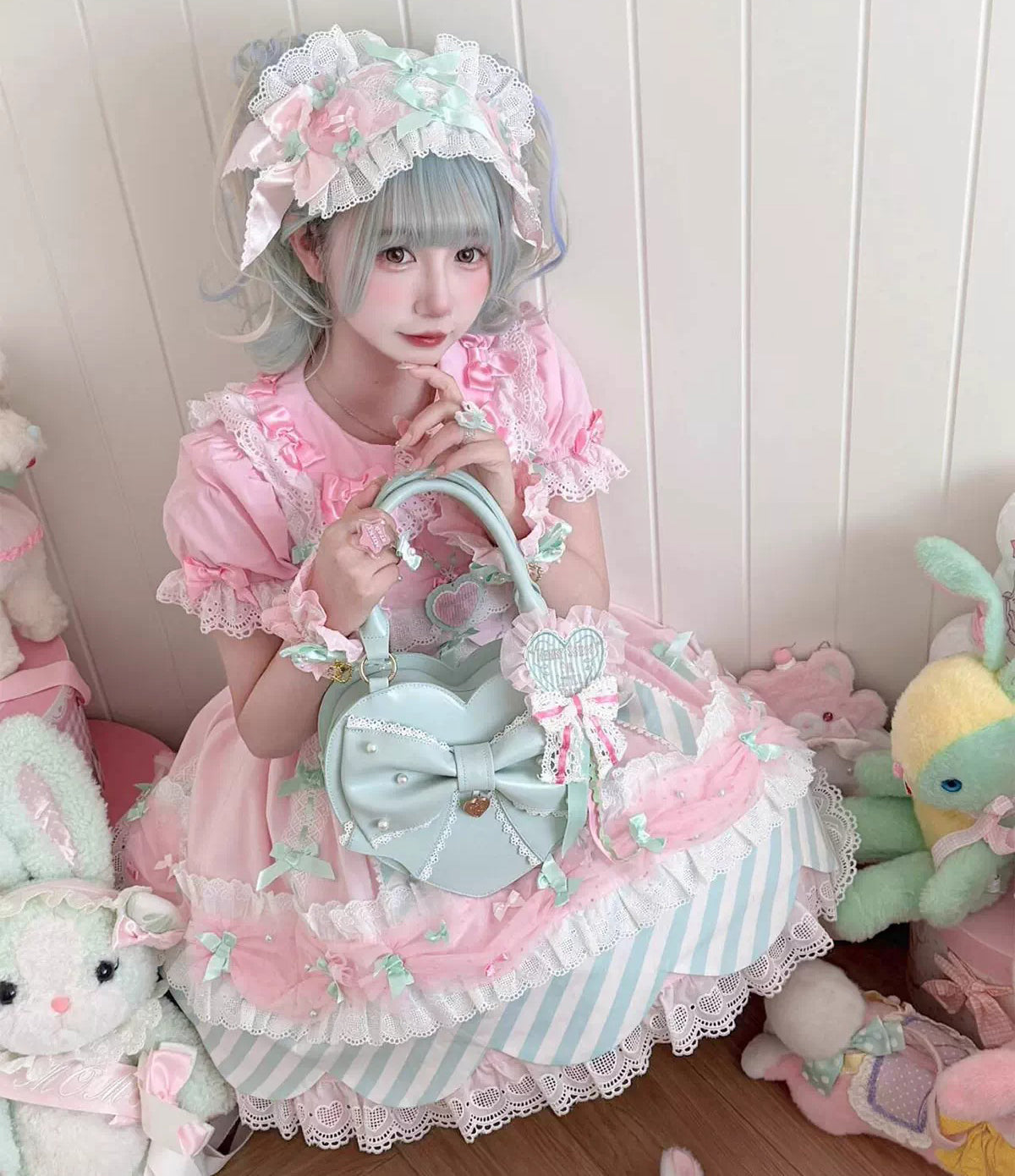 【受注予約~1/4】リボンハート ハンドバッグ(サックス・ミント・ブラウン)【Sheep Puff】