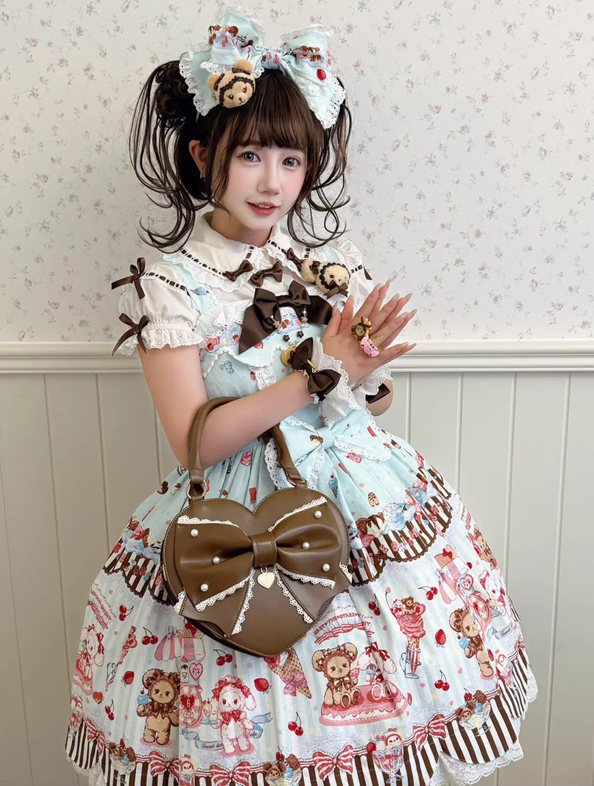 【受注予約~1/4】リボンハート ハンドバッグ(サックス・ミント・ブラウン)【Sheep Puff】