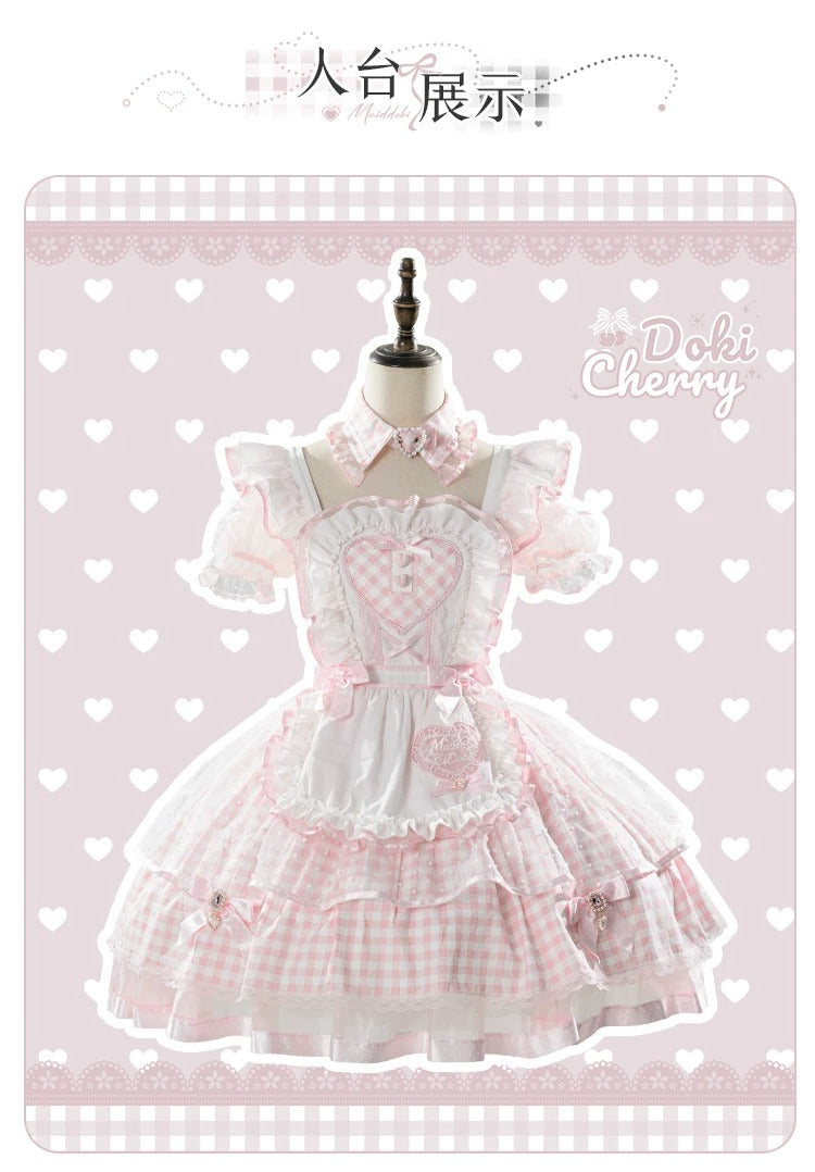 【Vorbestellung bis 8. Juni】Komplettes Gingham-Maid-Set【Doki Cherry】