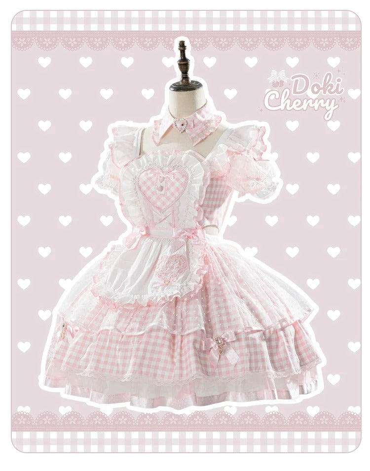【Vorbestellung bis 8. Juni】Komplettes Gingham-Maid-Set【Doki Cherry】