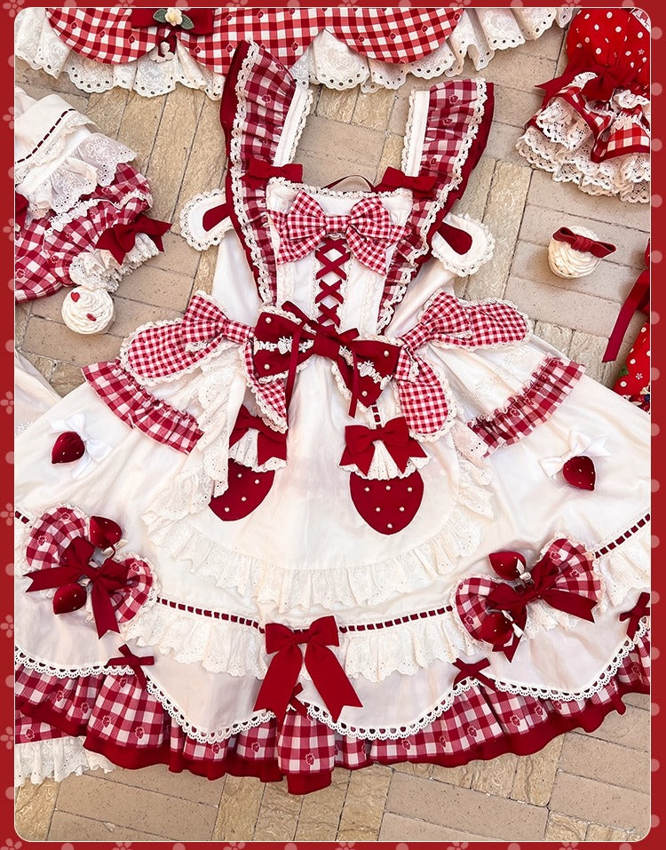 【受注予約~11/18】Strawberry Cake Illustration ギンガムワンピース・ジャンパースカート【花与珍珠匣】