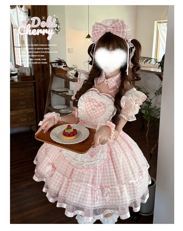 【Vorbestellung bis 8. Juni】Komplettes Gingham-Maid-Set【Doki Cherry】