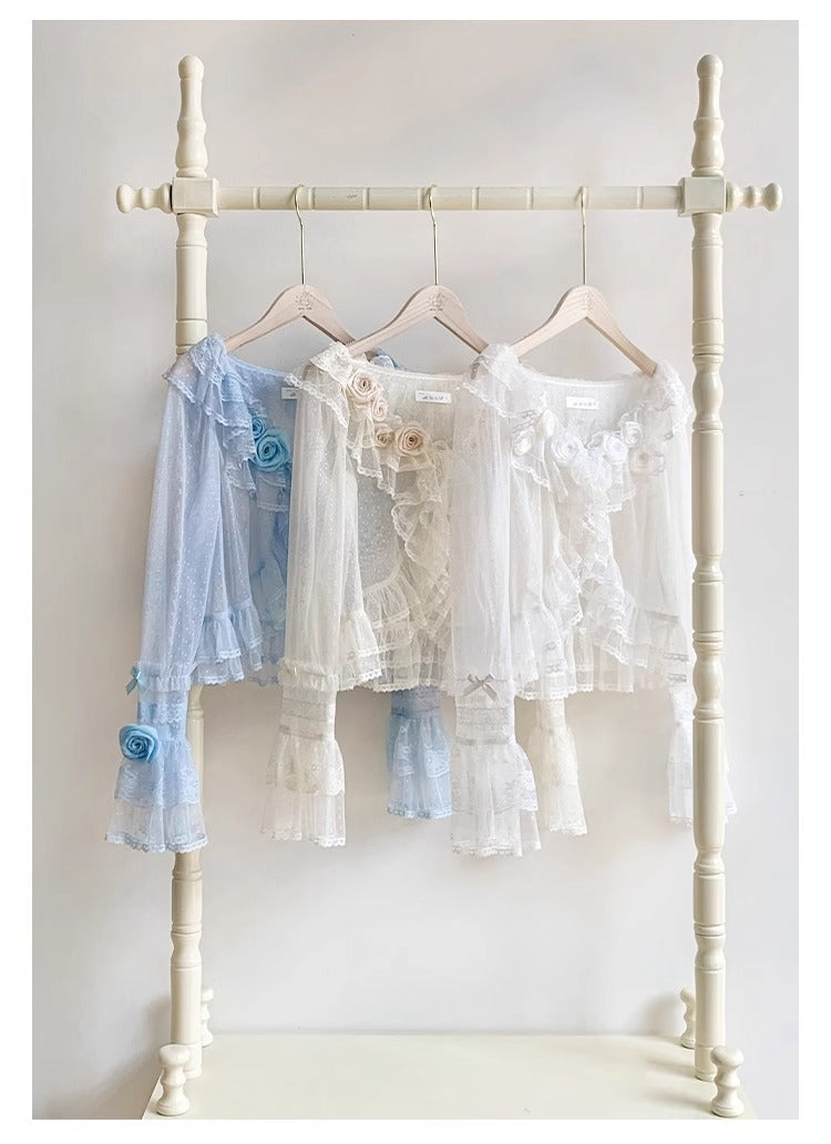 Tüll-Cardigan mit Blumengesicht und Punkten [mit Pujji]