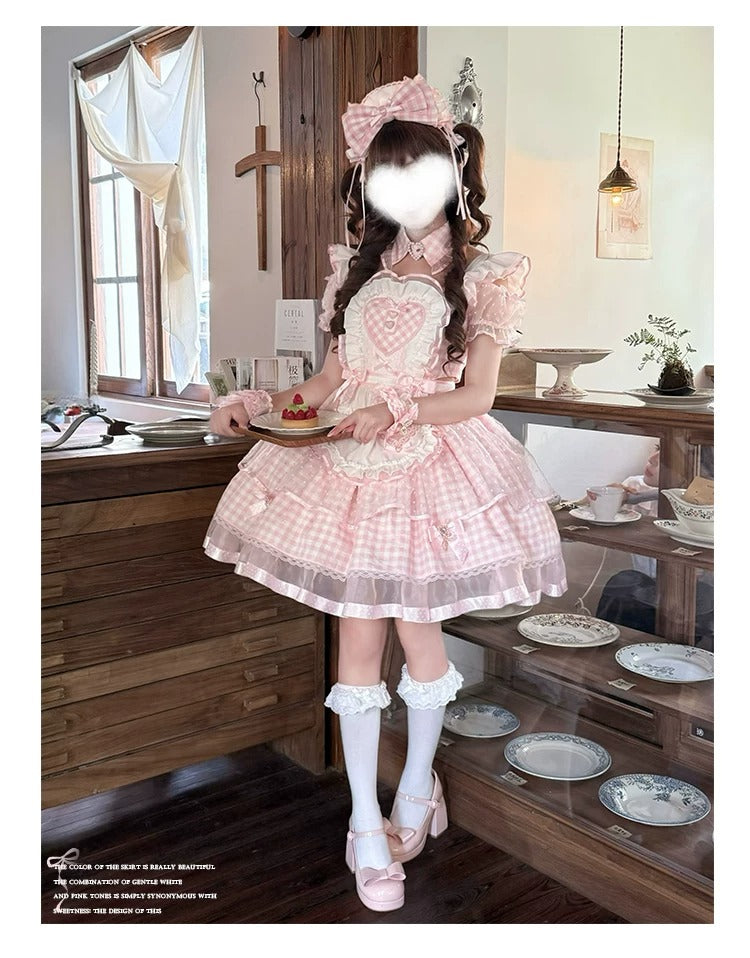 【Vorbestellung bis 8. Juni】Komplettes Gingham-Maid-Set【Doki Cherry】
