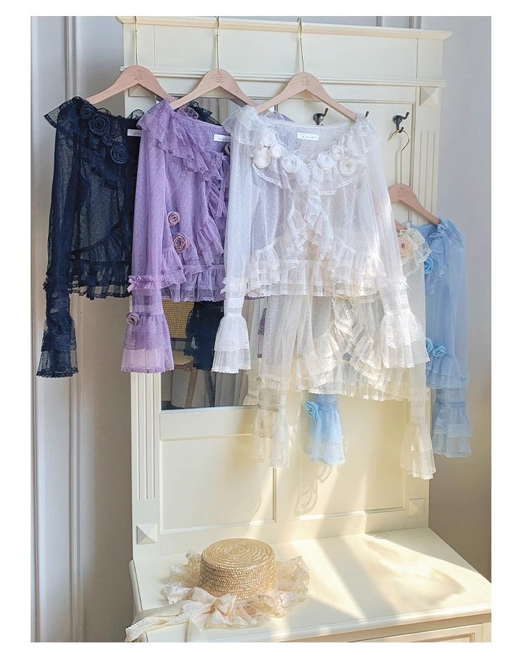 Tüll-Cardigan mit Blumengesicht und Punkten [mit Pujji]