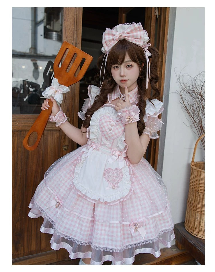 【Vorbestellung bis 8. Juni】Komplettes Gingham-Maid-Set【Doki Cherry】