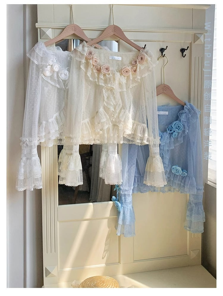 Tüll-Cardigan mit Blumengesicht und Punkten [mit Pujji]