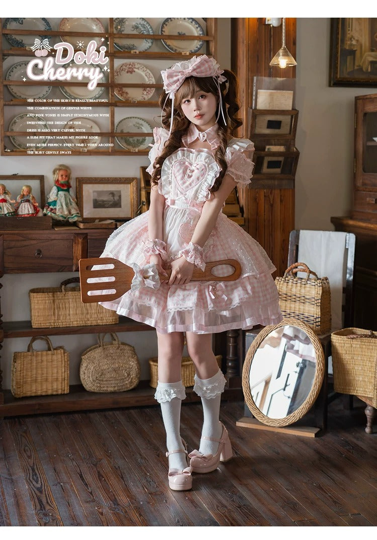 【Vorbestellung bis 8. Juni】Komplettes Gingham-Maid-Set【Doki Cherry】