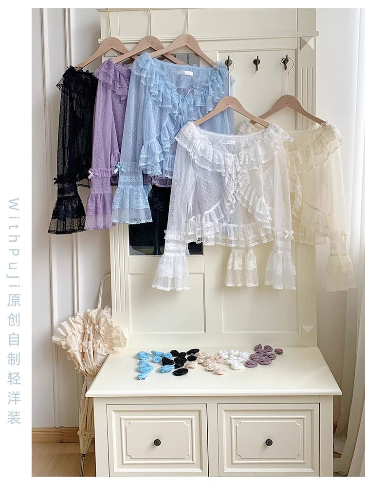 Tüll-Cardigan mit Blumengesicht und Punkten [mit Pujji]