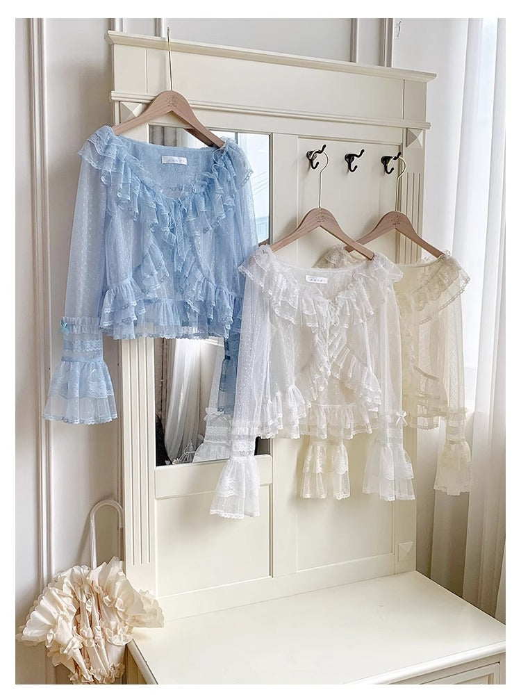 Tüll-Cardigan mit Blumengesicht und Punkten [mit Pujji]