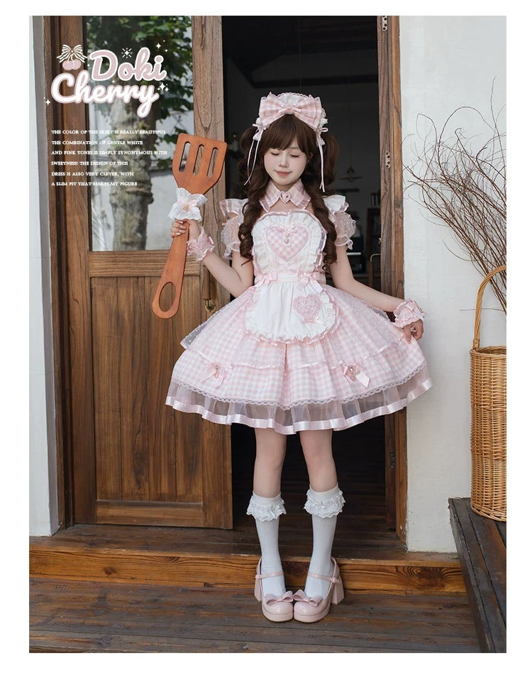 【Vorbestellung bis 8. Juni】Komplettes Gingham-Maid-Set【Doki Cherry】