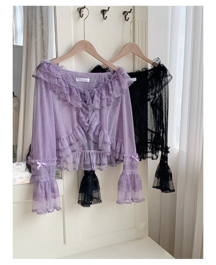 Tüll-Cardigan mit Blumengesicht und Punkten [mit Pujji]