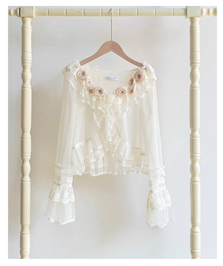 Tüll-Cardigan mit Blumengesicht und Punkten [mit Pujji]