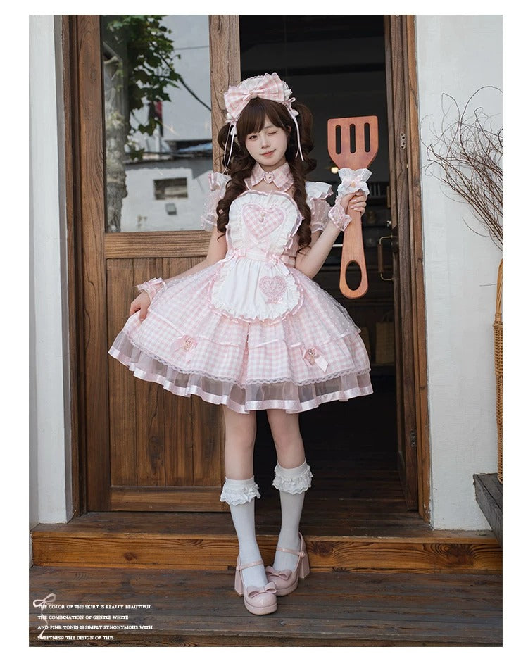 【Vorbestellung bis 8. Juni】Komplettes Gingham-Maid-Set【Doki Cherry】