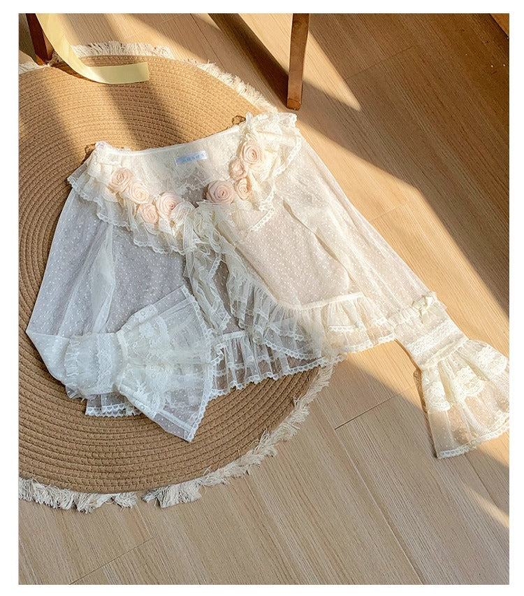 Tüll-Cardigan mit Blumengesicht und Punkten [mit Pujji]