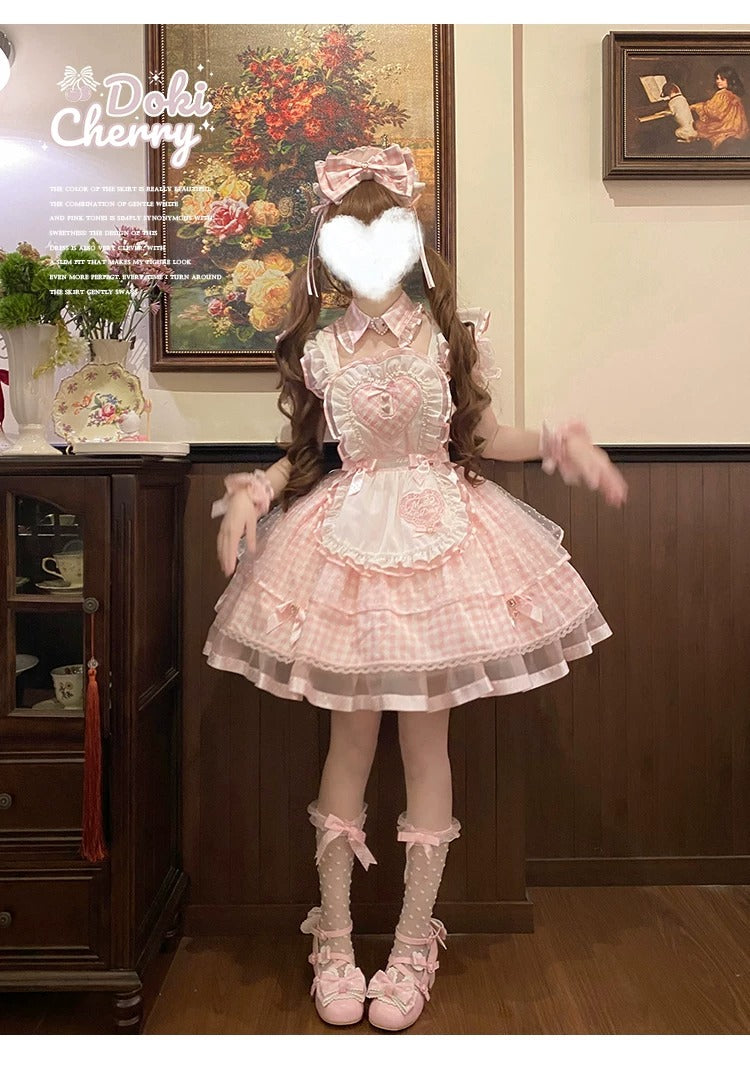 【Vorbestellung bis 8. Juni】Komplettes Gingham-Maid-Set【Doki Cherry】