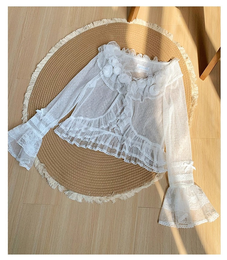 Tüll-Cardigan mit Blumengesicht und Punkten [mit Pujji]