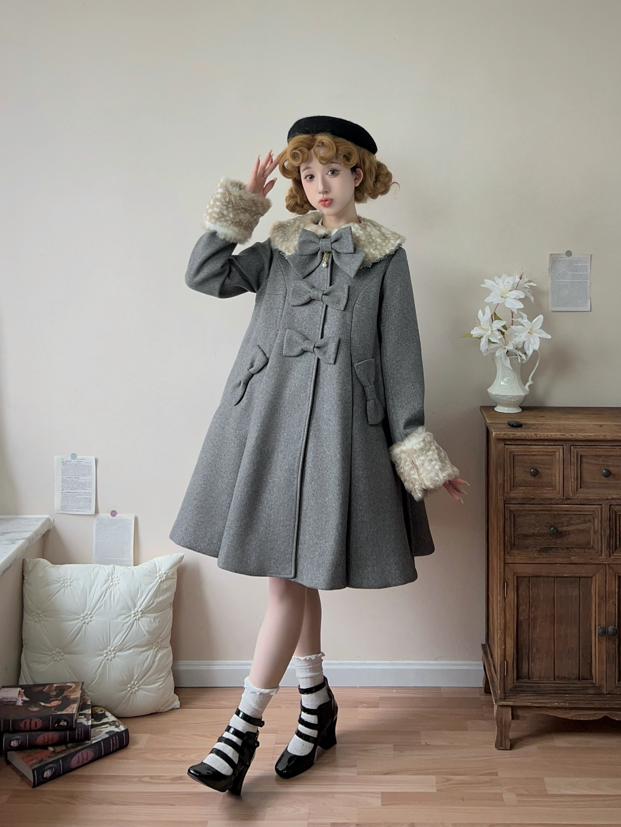 Aラインファーつきコート(裏地ダウンver.)【Unideer】