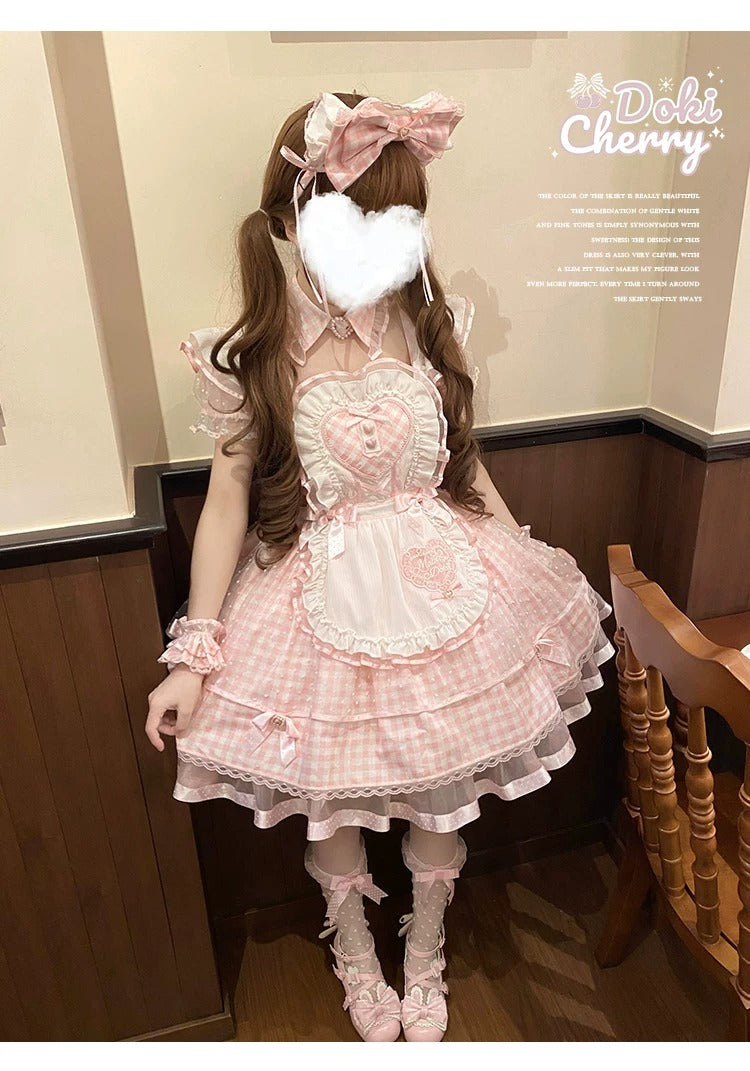 【Vorbestellung bis 8. Juni】Komplettes Gingham-Maid-Set【Doki Cherry】