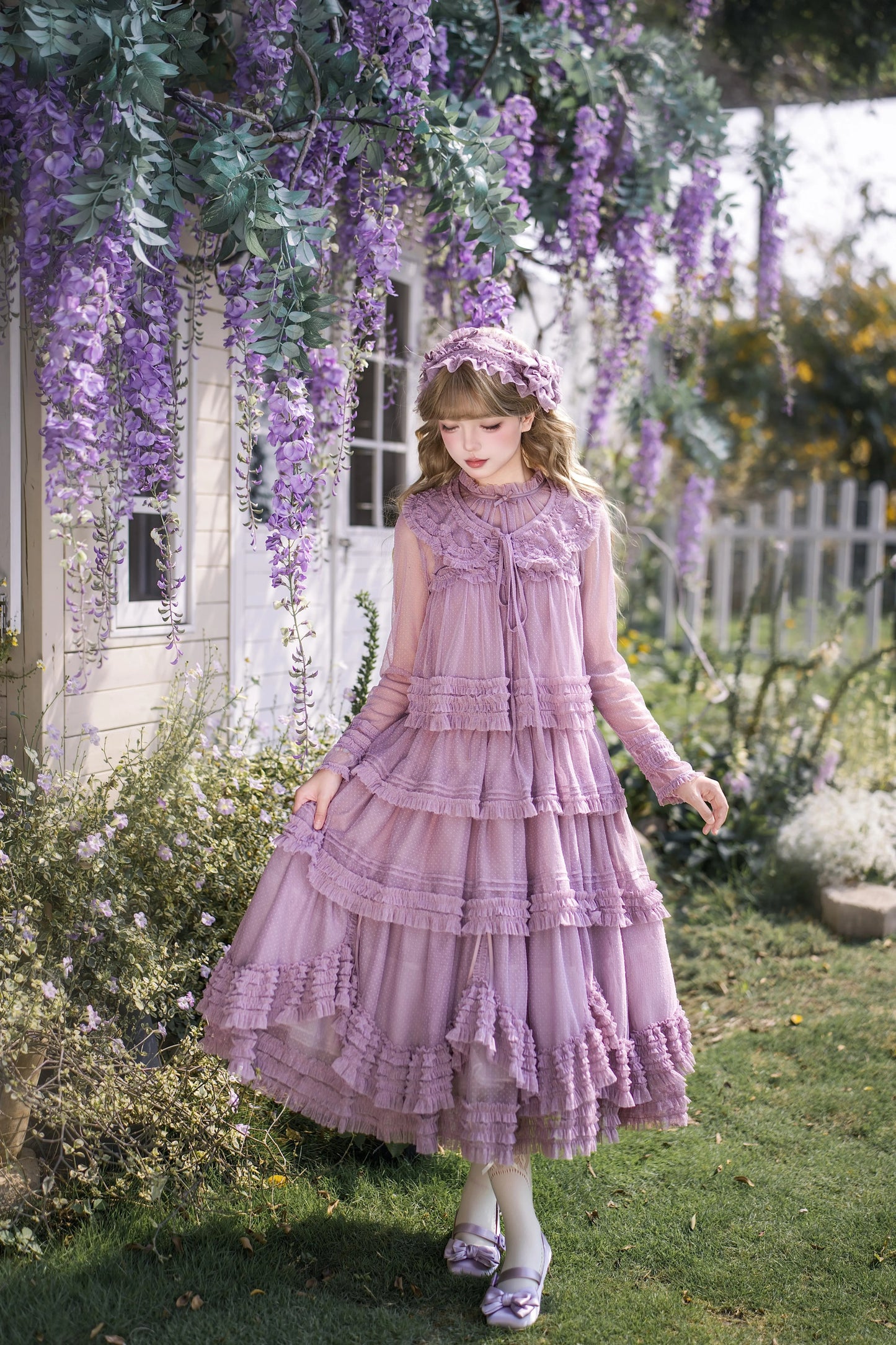 【受注予約~4/16】ドットチュールティアードジャンパースカート（125cm）【暖屿洋装】