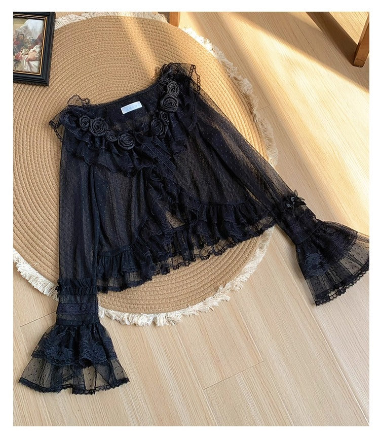 Tüll-Cardigan mit Blumengesicht und Punkten [mit Pujji]