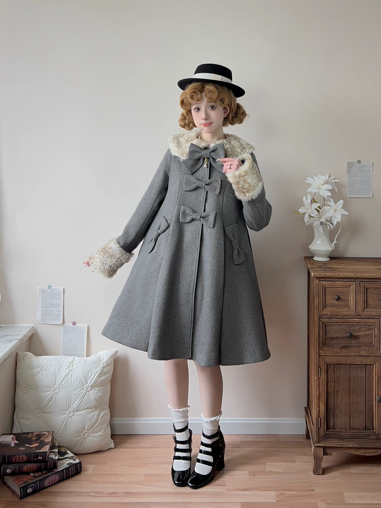 Aラインファーつきコート【Unideer】