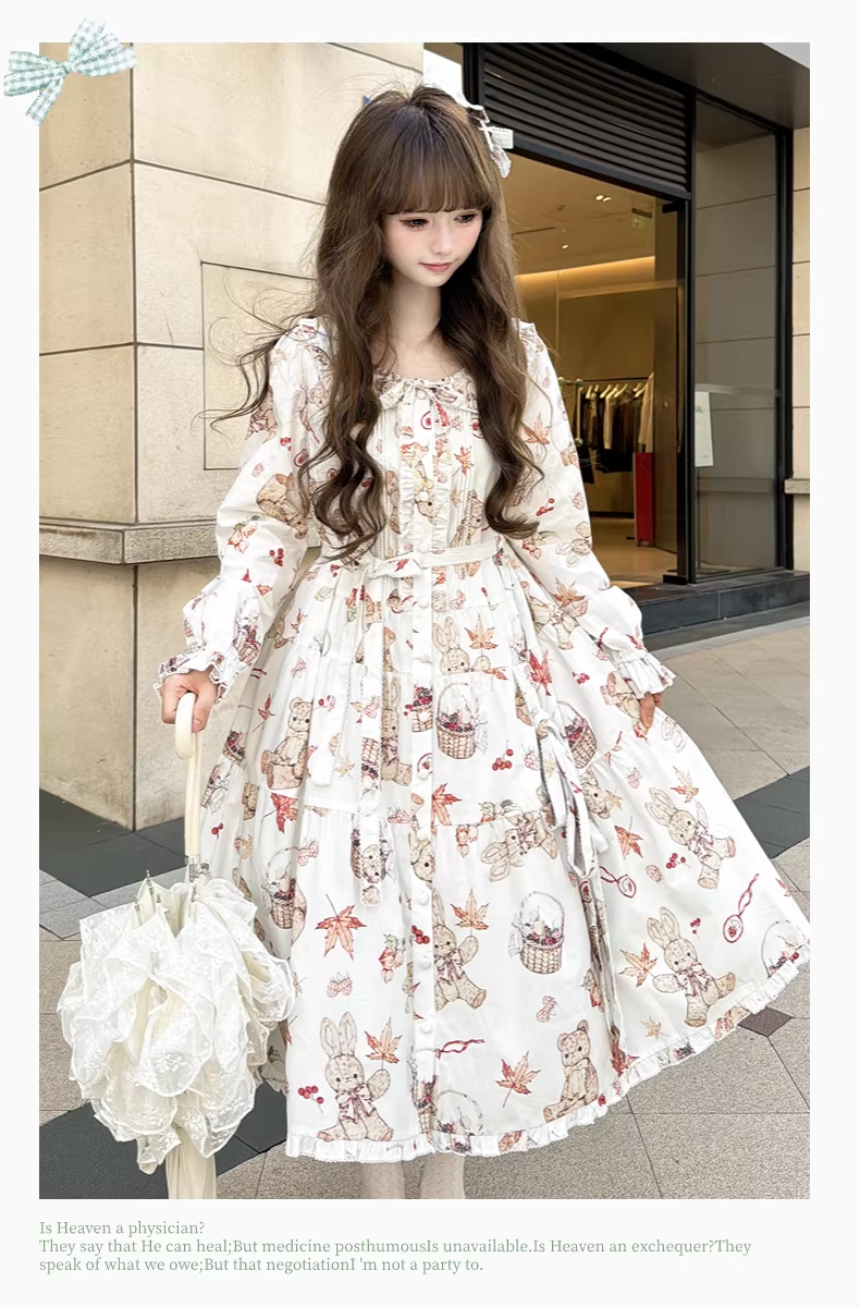【受注予約~3/30】Autumn Rabbit and Bear ワンピース【Spring Flower Language】