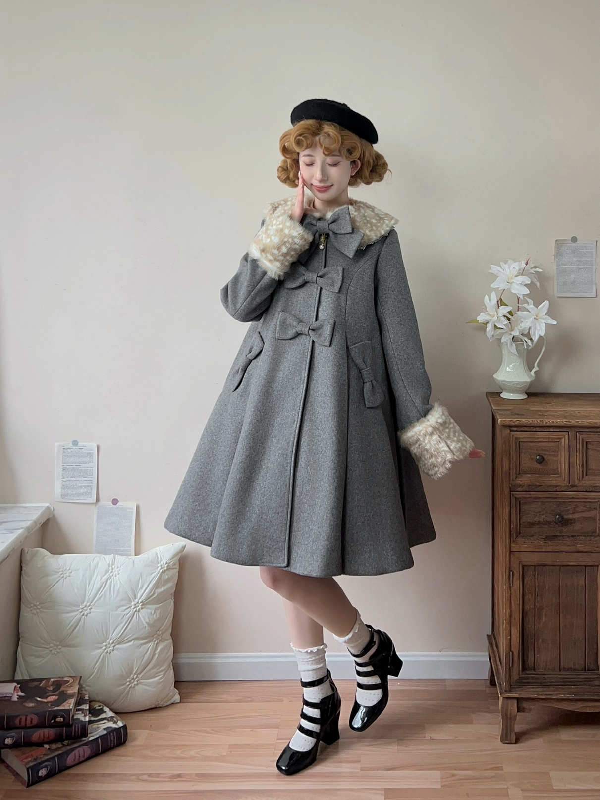 Aラインファーつきコート【Unideer】