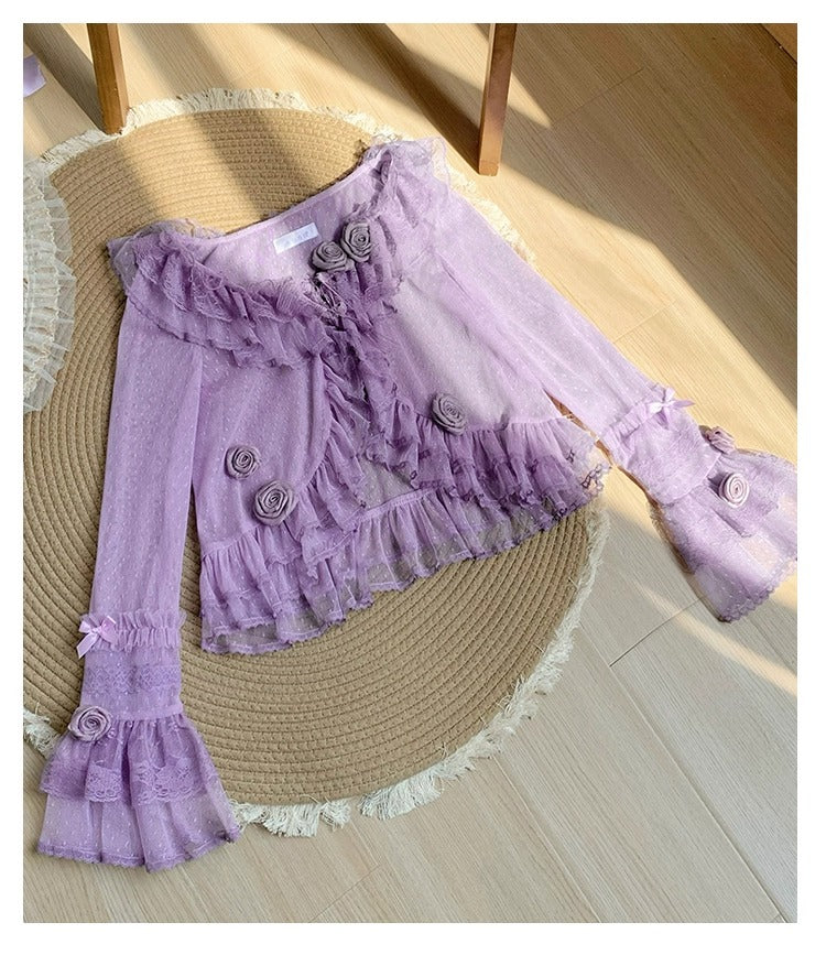 Tüll-Cardigan mit Blumengesicht und Punkten [mit Pujji]