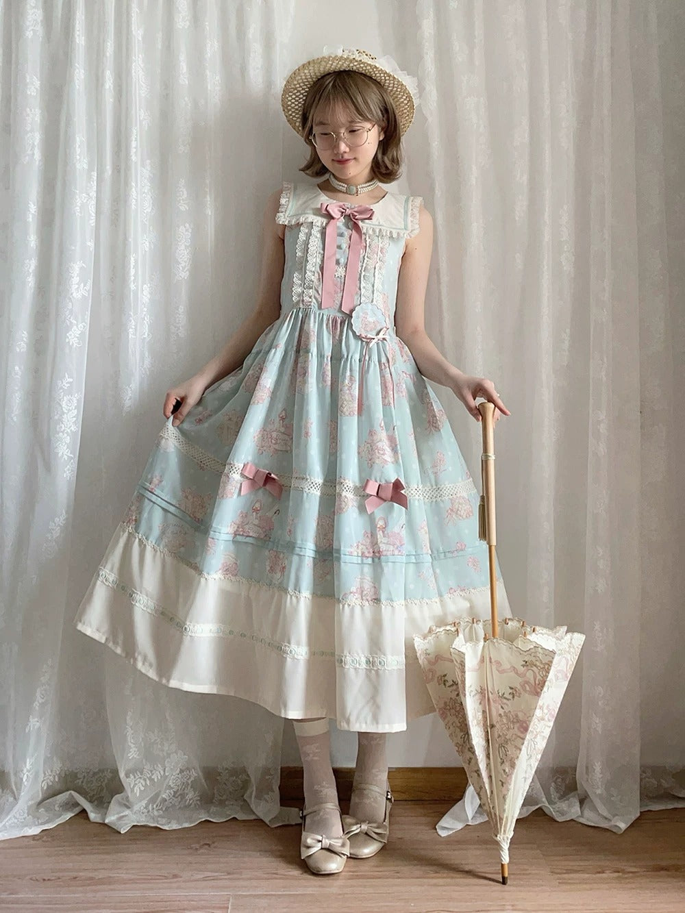 Little White Goose with Flowers ジャンパースカート【Miss Cube