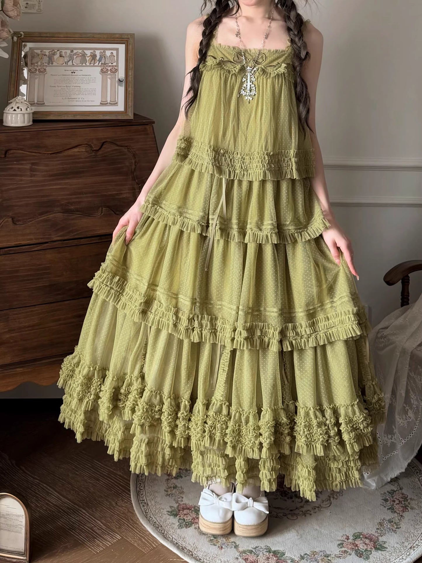 【受注予約~4/16】ドットチュールティアードジャンパースカート（120cm）【暖屿洋装】