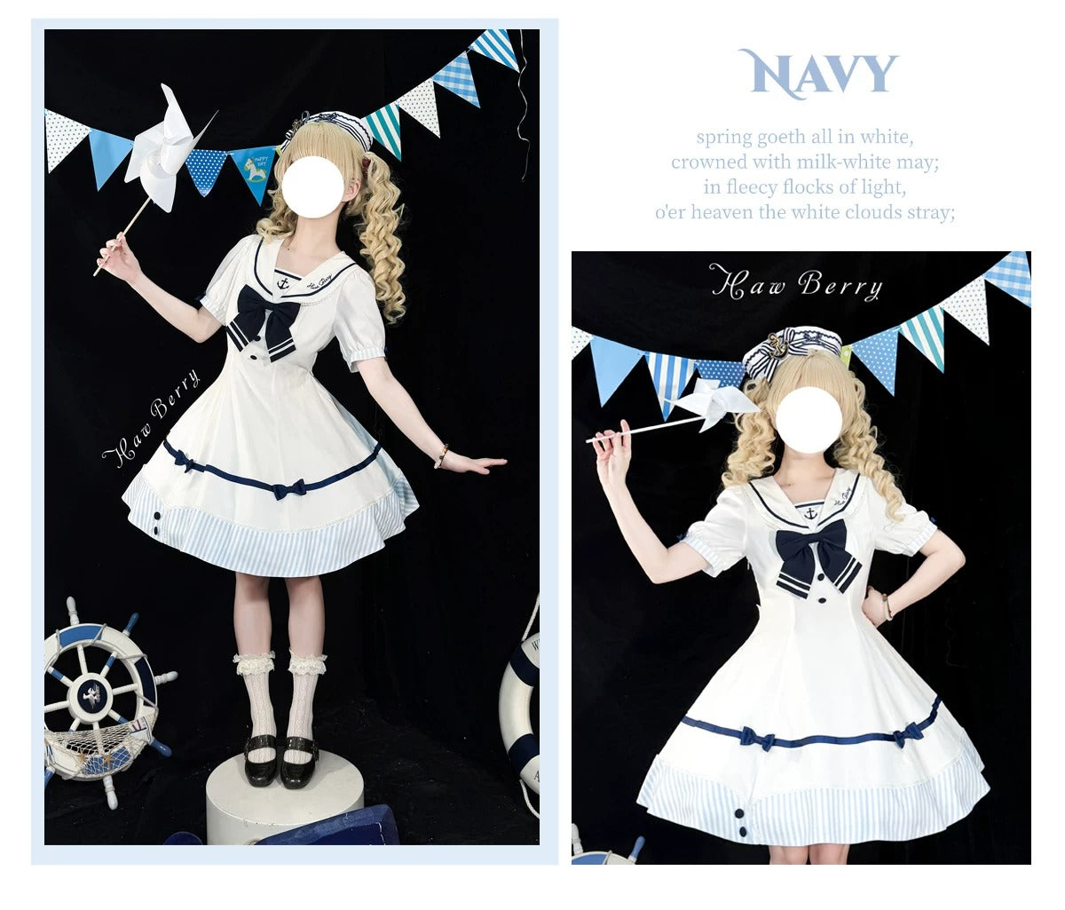 【受注予約~8/10】Little Summer セーラーワンピース・ハットセット【HawBerry】